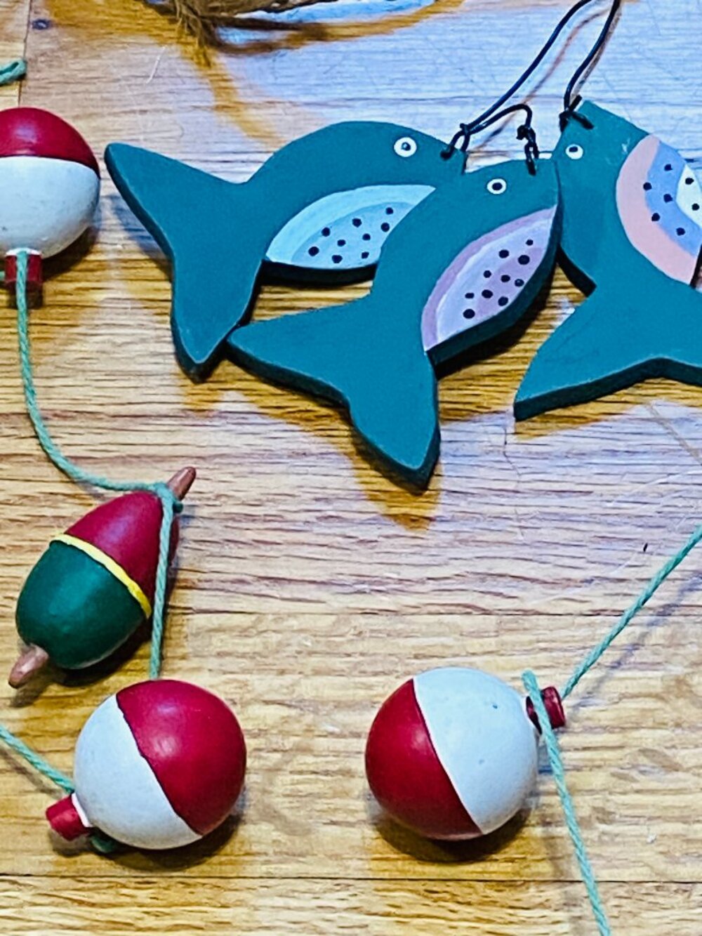 Decorative String of Wooden Fishing Bobbers & Fish